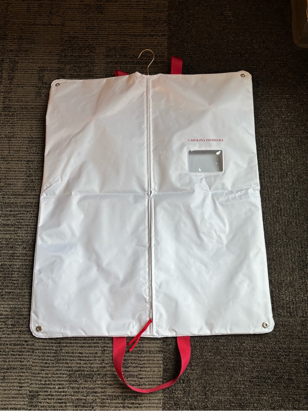 Carolina Herrera White Garment Bag with Pink Strap Accents